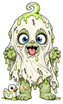 Goo Goo Ghost, with his blue eyes, green slime and cream ghost sheet